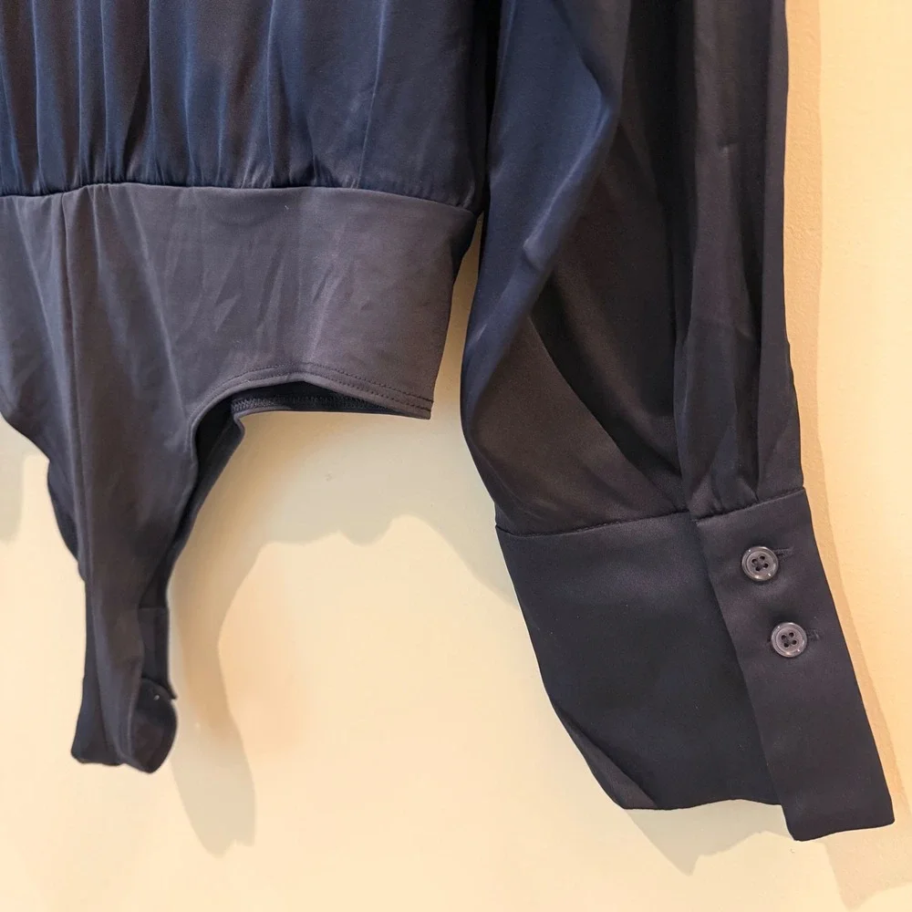 Quince Washable Stretch Silk Surplice Bodysuit Wrap Front Long Sleeve Date Navy